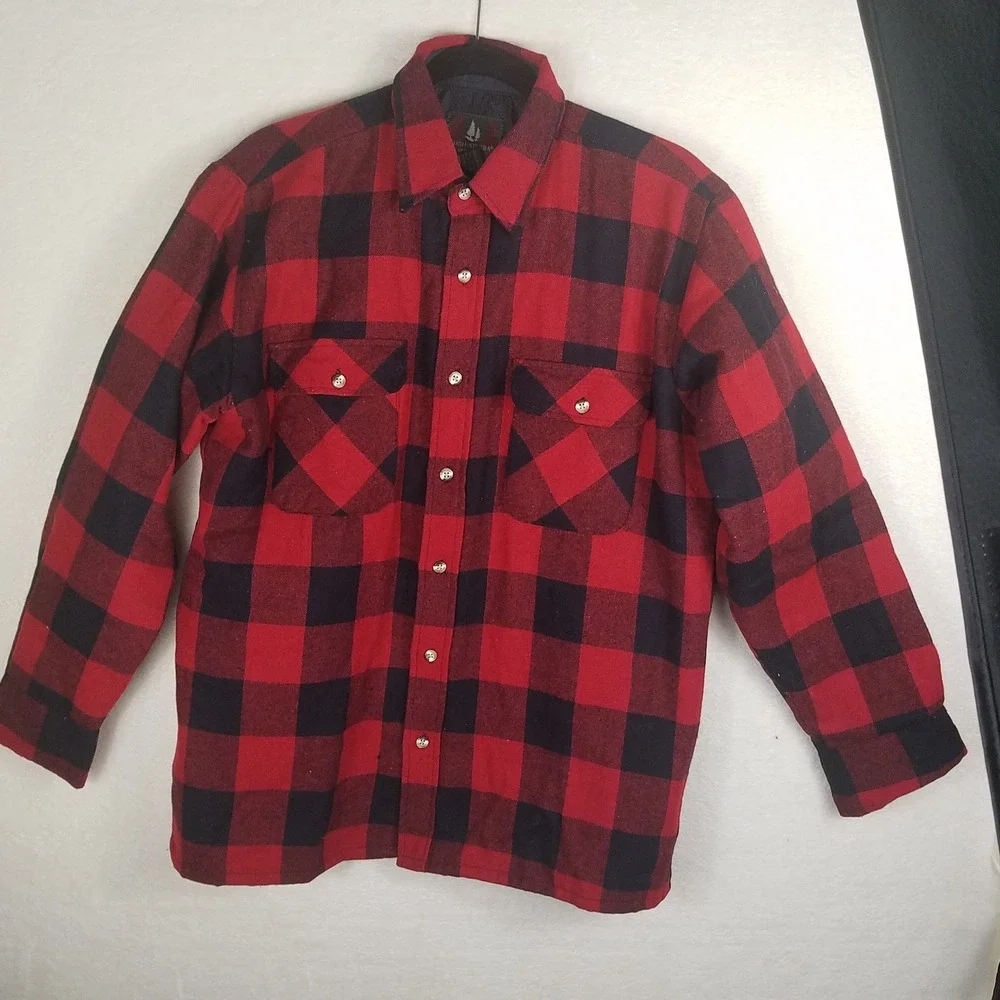 High Sierra Flannel Shirt Jacket Mens M Red Black Wool Quilted Buffalo Plaid VTG